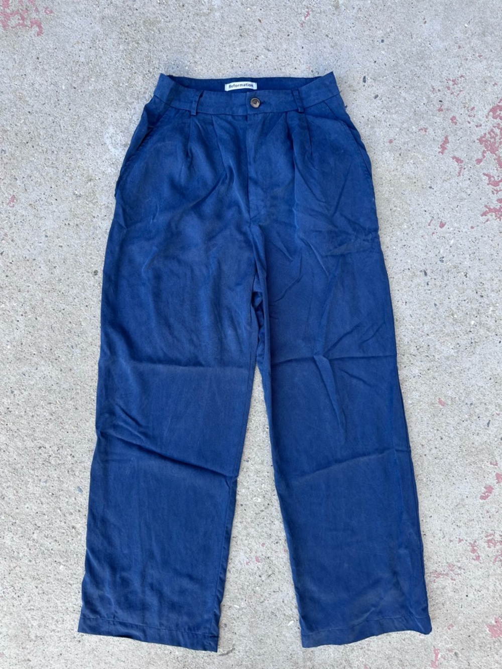 Reformation Pants Sz 4 Navy Blue Wide Leg High Waist Pleated Trouser Office